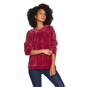 Knox Rose Womens Dark Cherry Velvet Long Sleeve Top With Lace-Up Details Size S